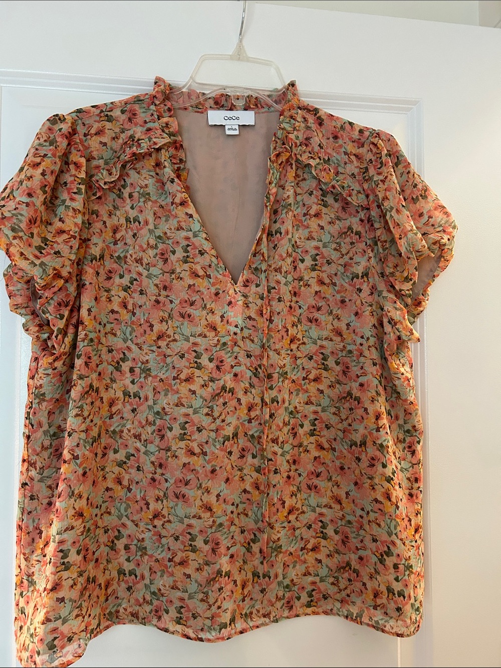 CeCe Peach Floral Ruffle V-Neck Blouse